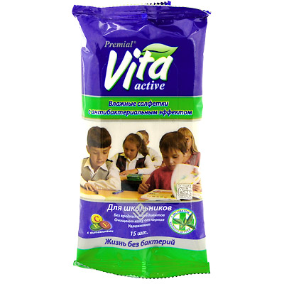 Влажные салфетки для школьников "Premial Vita active" антибактериальные, 15 шт сертифицирован Состав 15 влажных салфеток инфо 13796b.